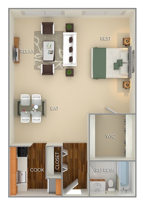 Floor plan for studio, 1 bath, 650 sqft